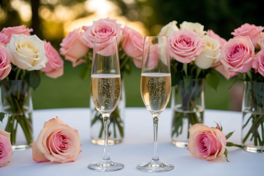 Uma mesa posta com duas taças de champanhe, cercada por 42 rosas em flor, simbolizando 42 anos de casamento