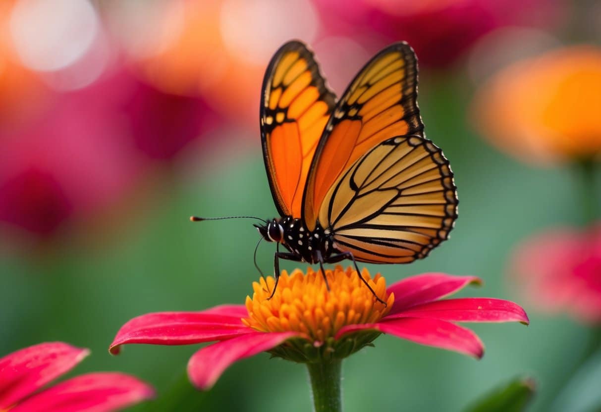 Uma borboleta laranja descansando em uma pétala de flor vibrante