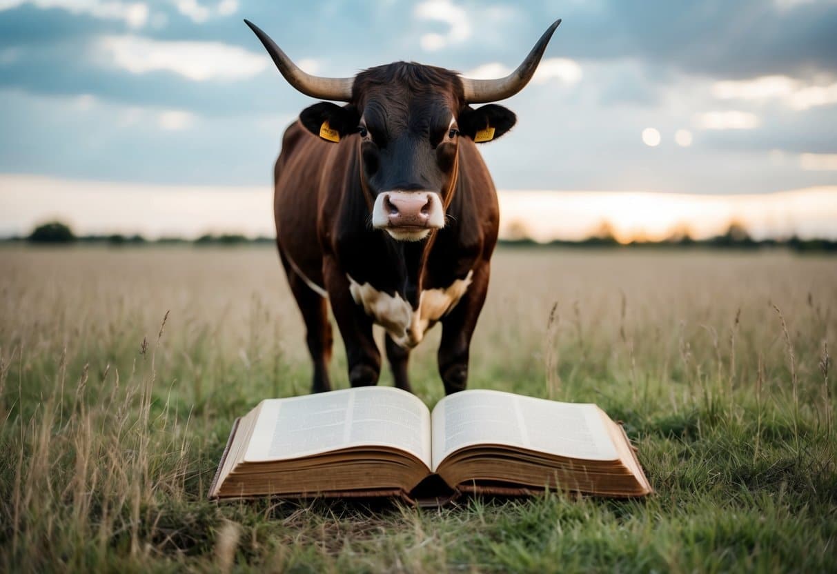 Um touro parado em um campo, com um grande livro antigo aberto na frente dele