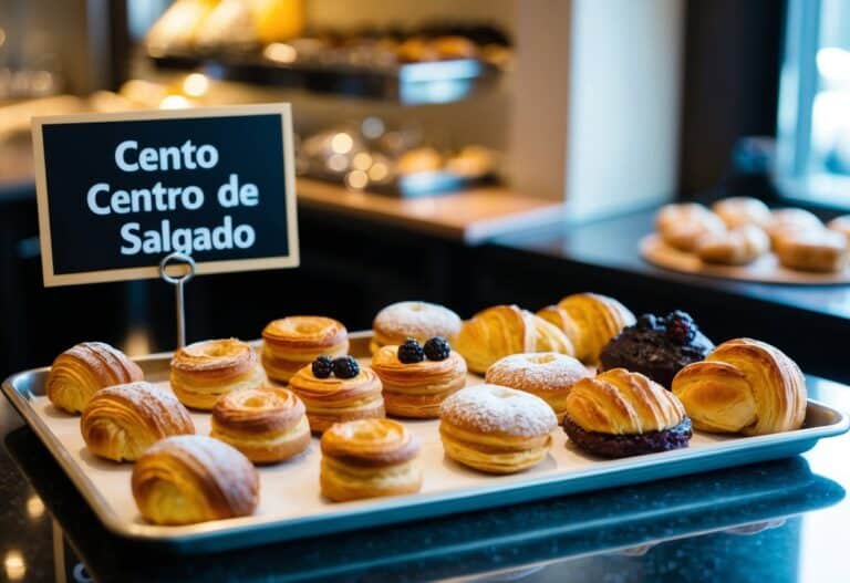 Uma variedade de salgados exibidos em uma bandeja, com a opção entre cento ou centro de salgado.