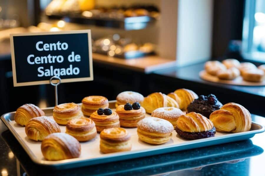 Uma variedade de salgados exibidos em uma bandeja, com a opção entre cento ou centro de salgado.