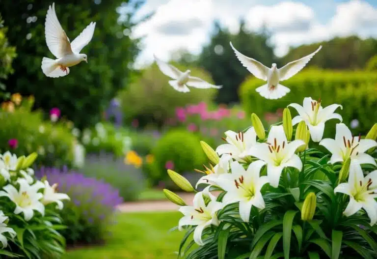 Um jardim pacífico com lírios florescendo e pombas voando acima, simbolizando graça e alegria no significado bíblico do nome Letícia.