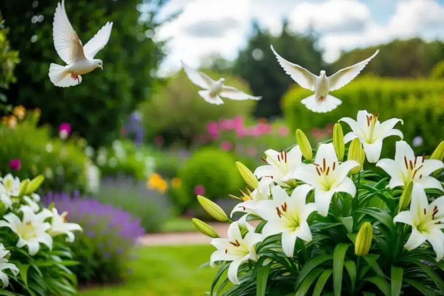 Um jardim pacífico com lírios florescendo e pombas voando acima, simbolizando graça e alegria no significado bíblico do nome Letícia.
