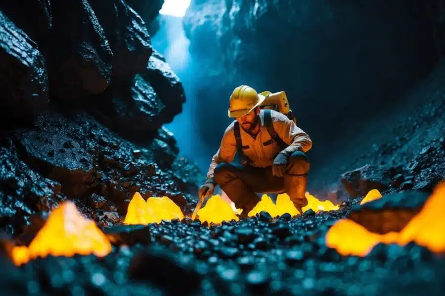 Um minerador solitário cava profundamente no subsolo, cercado por lava brilhante e obsidiana ominosa, em busca da evasiva netherite.