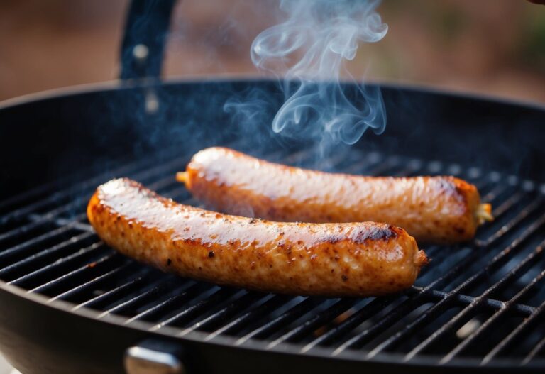 Uma linguiça de frango chiando na grelha, emitindo um aroma defumado
