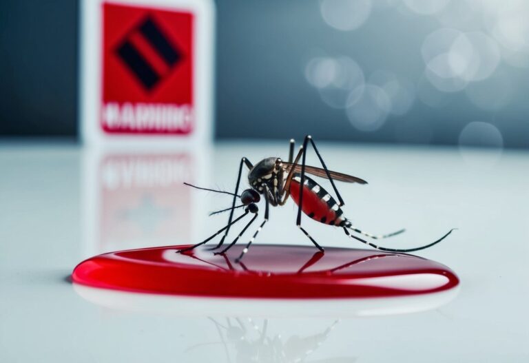 Um mosquito paira perto de uma gota vermelha em uma superfície branca, com um sinal de aviso ao fundo.