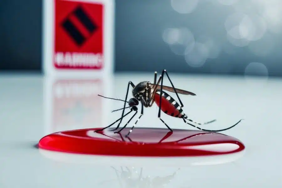 Um mosquito paira perto de uma gota vermelha em uma superfície branca, com um sinal de aviso ao fundo.