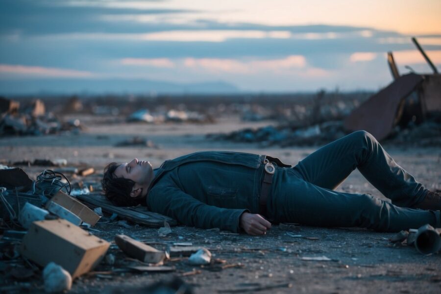 Um personagem jaz sem vida no chão, cercado por destroços e uma paisagem desolada.