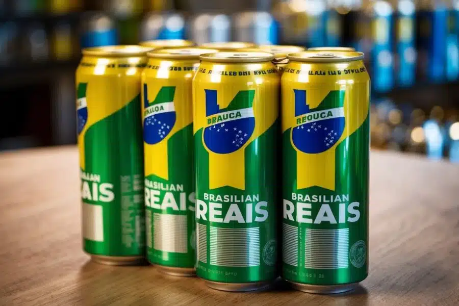 Uma pilha de 50 latas de reais brasileiros