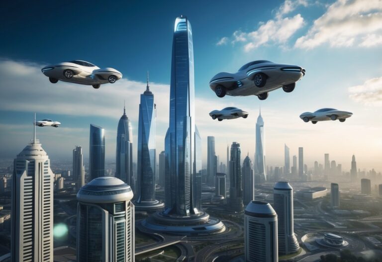 Uma paisagem urbana futurista com veículos voadores e arranha-céus imponentes