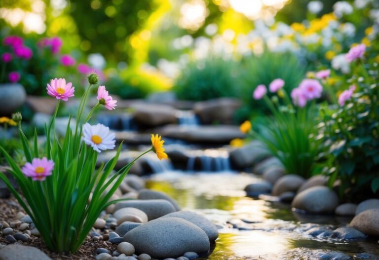 Um jardim sereno com um riacho e flores florescendo, simbolizando paz e beleza, poderia representar o significado bíblico do nome Lara.