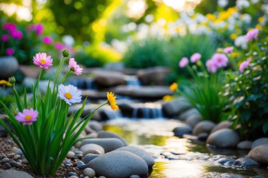 Um jardim sereno com um riacho e flores florescendo, simbolizando paz e beleza, poderia representar o significado bíblico do nome Lara.