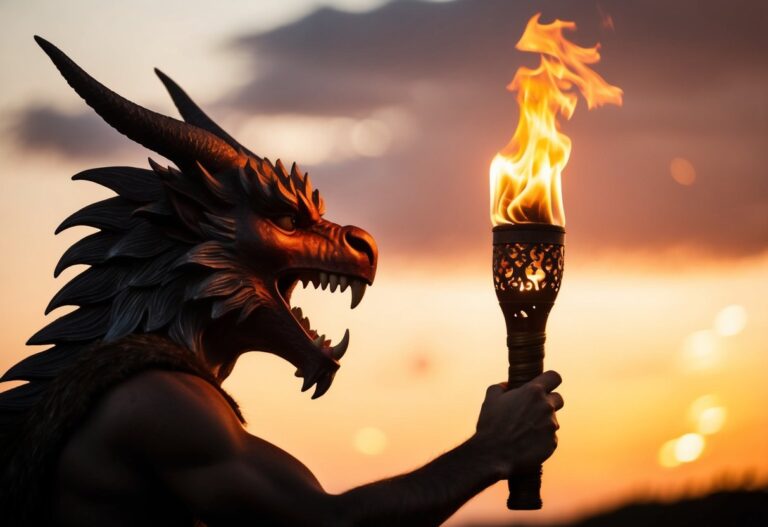 Uma tocha flamejante segurada por uma criatura mítica, emitindo um brilho quente