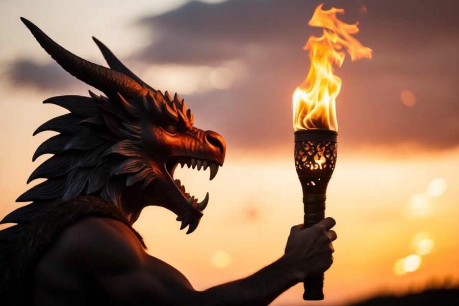 Uma tocha flamejante segurada por uma criatura mítica, emitindo um brilho quente