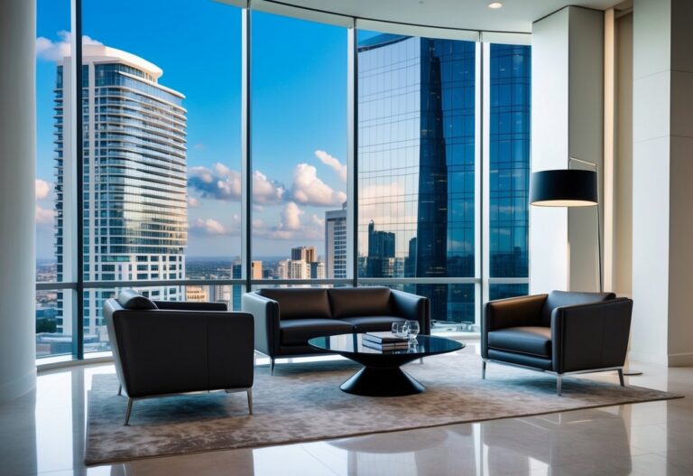 Um escritório elegante e moderno com edifícios altos ao fundo, apresentando móveis luxuosos e decoração sofisticada.