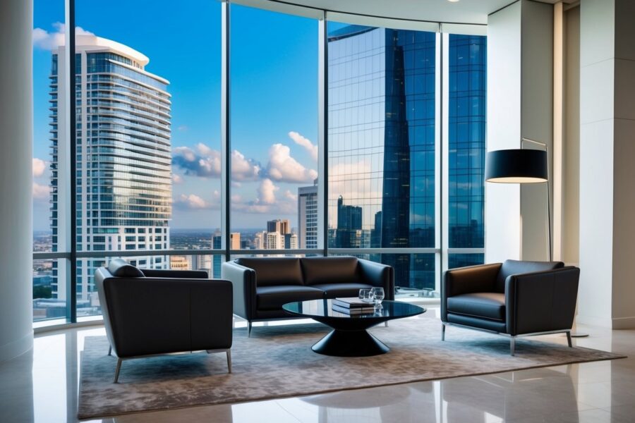 Um escritório elegante e moderno com edifícios altos ao fundo, apresentando móveis luxuosos e decoração sofisticada.