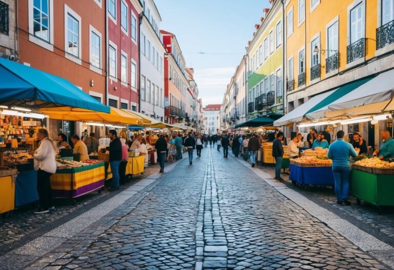 Uma rua movimentada da cidade em Lisboa, cheia de edifícios coloridos, ruas de paralelepípedos e barracas de mercado animadas