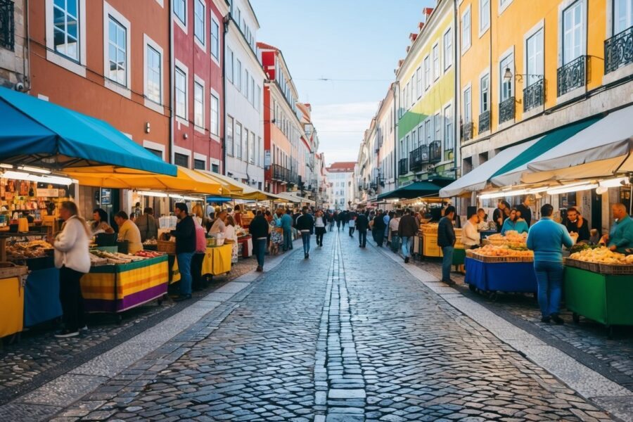 Uma rua movimentada da cidade em Lisboa, cheia de edifícios coloridos, ruas de paralelepípedos e barracas de mercado animadas