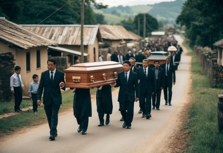 Uma procissão fúnebre sombria serpenteia por uma vila rural, com os enlutados carregando um caixão de madeira simples em direção a um pequeno cemitério.