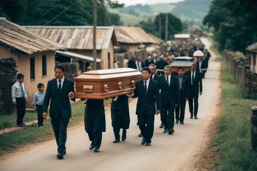 Uma procissão fúnebre sombria serpenteia por uma vila rural, com os enlutados carregando um caixão de madeira simples em direção a um pequeno cemitério.