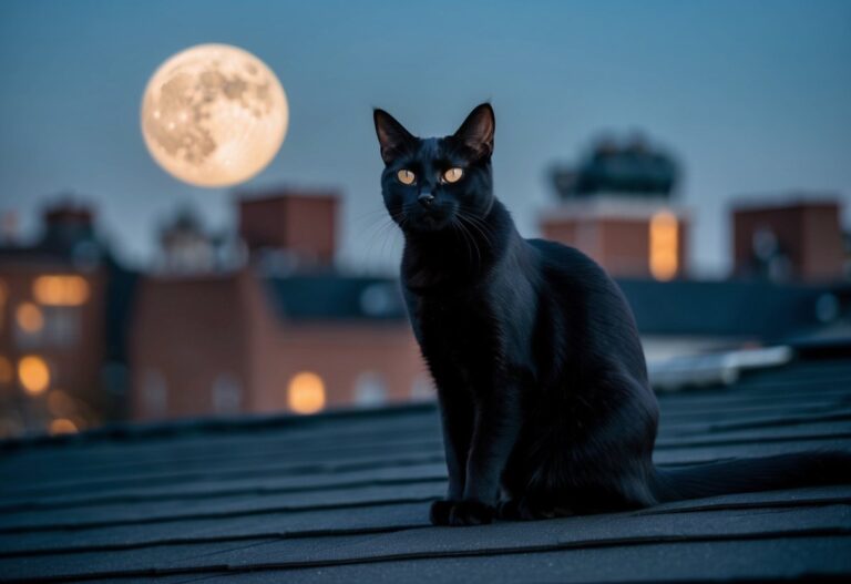 Um gato preto sentado em um telhado escuro iluminado pela lua