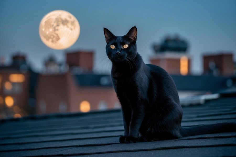 Um gato preto sentado em um telhado escuro iluminado pela lua