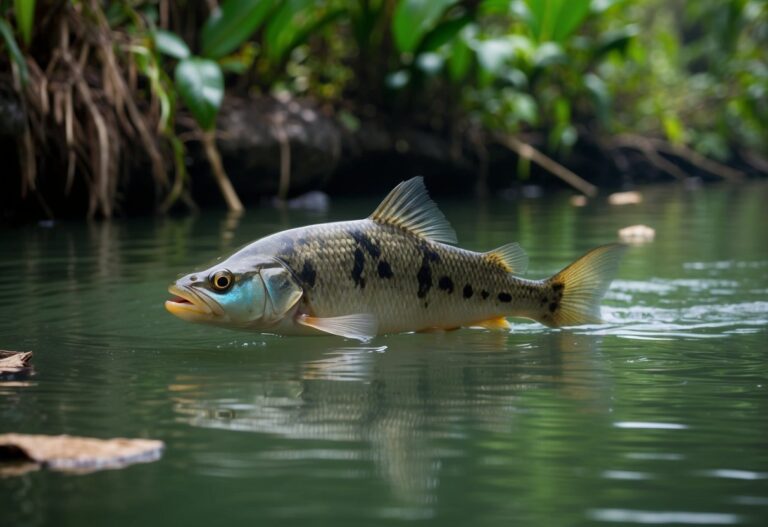 Um peixe pirarucu nada graciosamente através de um rio amazônico turvo e verde, cercado por vegetação exuberante e detritos flutuantes.