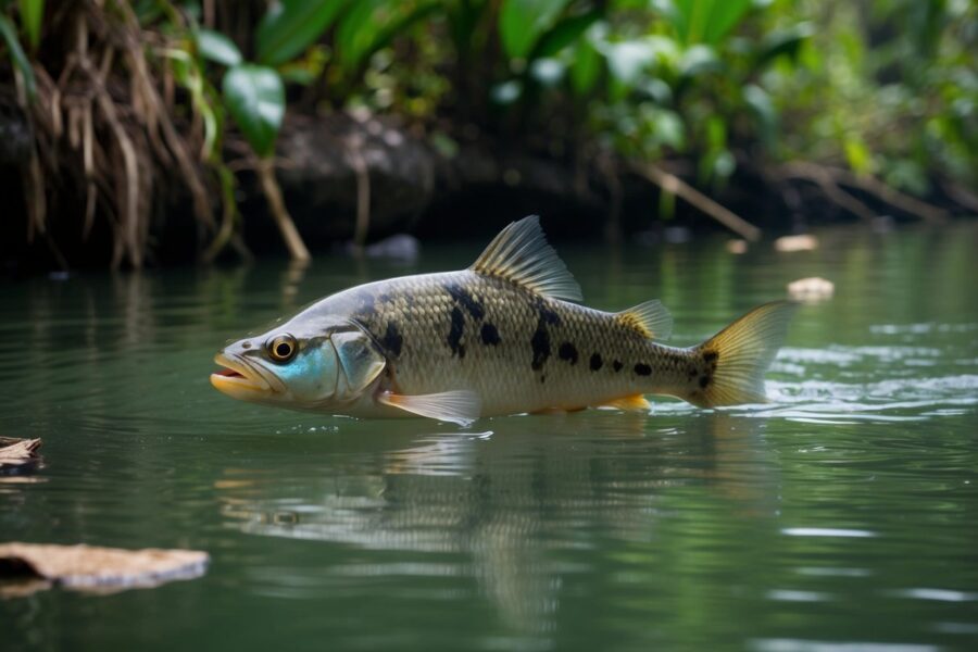 Um peixe pirarucu nada graciosamente através de um rio amazônico turvo e verde, cercado por vegetação exuberante e detritos flutuantes.