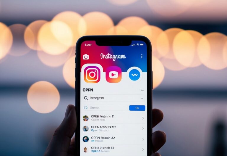 Um smartphone com o aplicativo do Instagram aberto, exibindo a barra de pesquisa com "opn" digitado e os resultados da pesquisa abaixo.