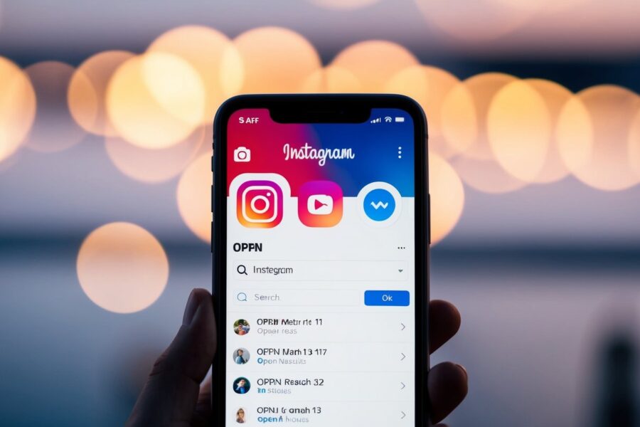 Um smartphone com o aplicativo do Instagram aberto, exibindo a barra de pesquisa com "opn" digitado e os resultados da pesquisa abaixo.