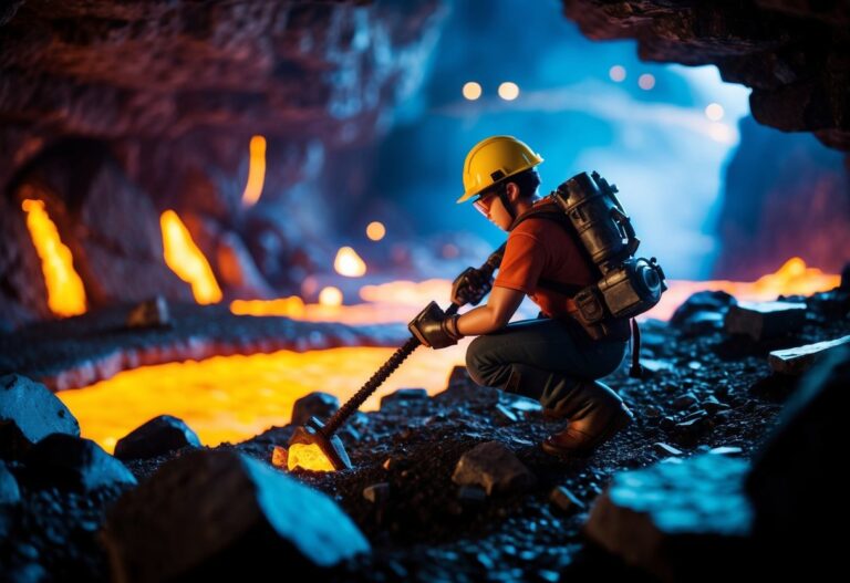 Um jogador minerando profundamente sob a terra, cercado por lava brilhante e pedra escura, em busca do elusivo minério de netherite.