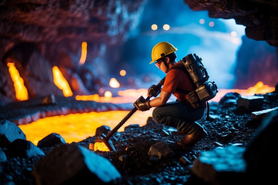 Um jogador minerando profundamente sob a terra, cercado por lava brilhante e pedra escura, em busca do elusivo minério de netherite.