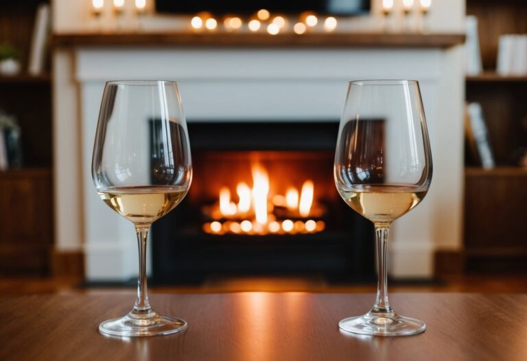 Uma sala de estar aconchegante com duas taças de vinho vazias e uma lareira crepitante