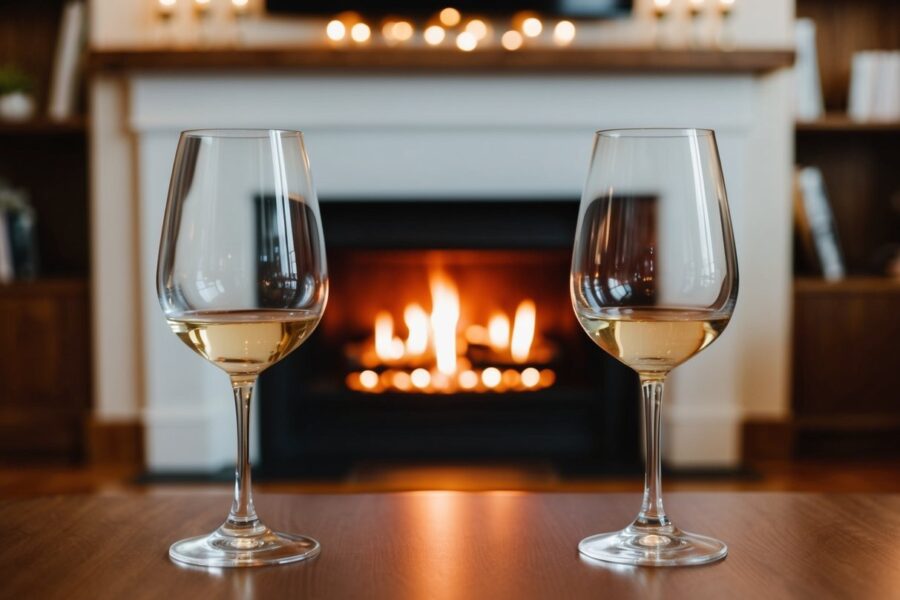 Uma sala de estar aconchegante com duas taças de vinho vazias e uma lareira crepitante