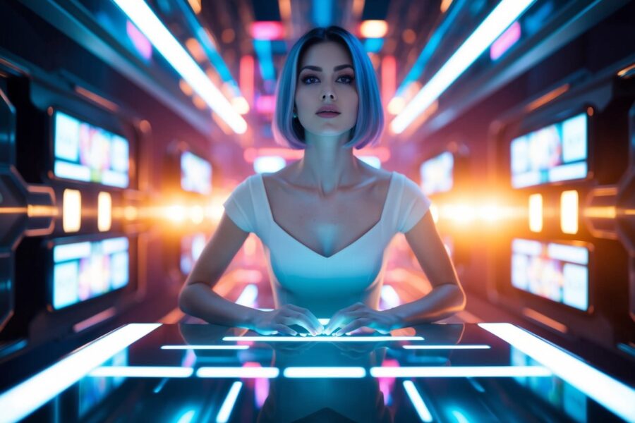 O renascimento de Hayley em um cenário futurista com tecnologia brilhante e cores vibrantes