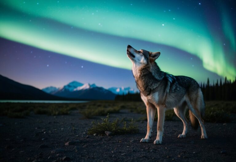 Um lobo solitário uiva sob as luzes do norte na vasta wilderness do Alasca