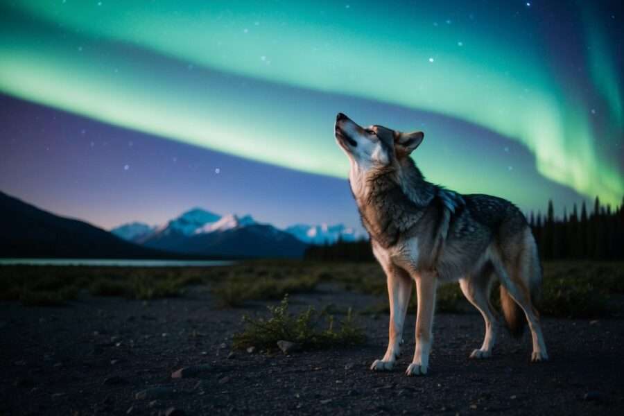 Um lobo solitário uiva sob as luzes do norte na vasta wilderness do Alasca