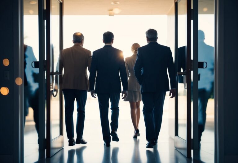 Várias figuras entrando ou prestes a entrar em uma porta