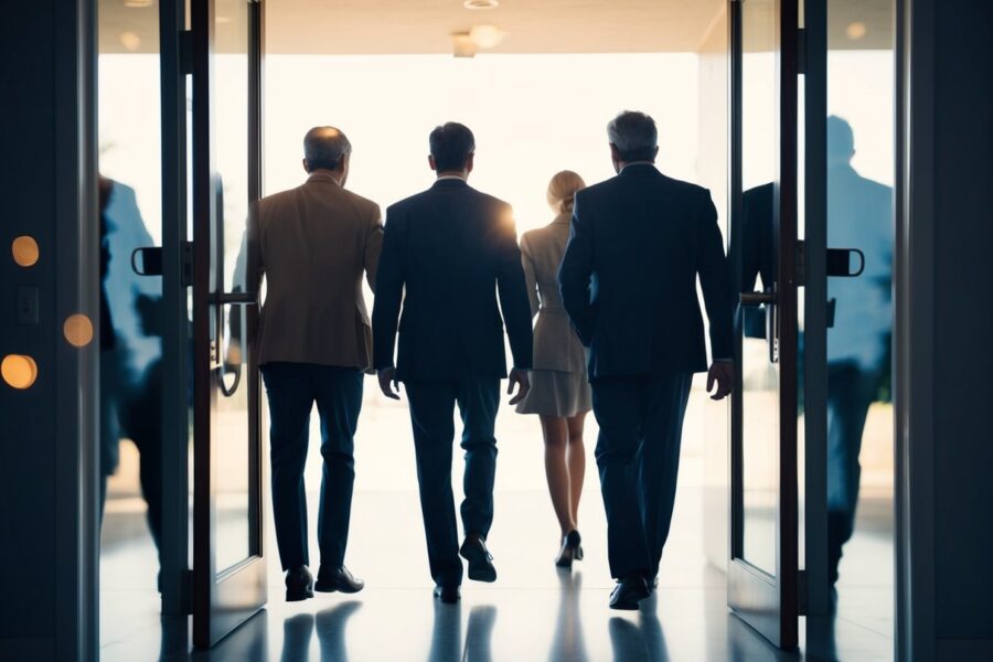 Várias figuras entrando ou prestes a entrar em uma porta