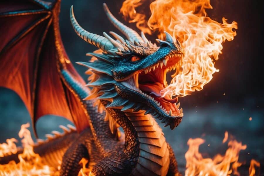 Um dragão feroz cuspindo fogo, cercado por chamas giratórias