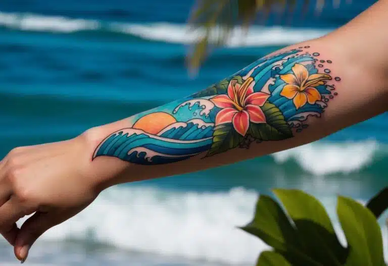 Uma tatuagem colorida do Stitch em um antebraço, cercada por flores tropicais e ondas, simbolizando aventura e travessuras.