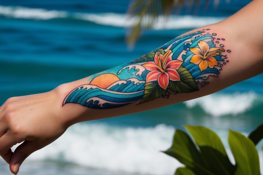 Uma tatuagem colorida do Stitch em um antebraço, cercada por flores tropicais e ondas, simbolizando aventura e travessuras.