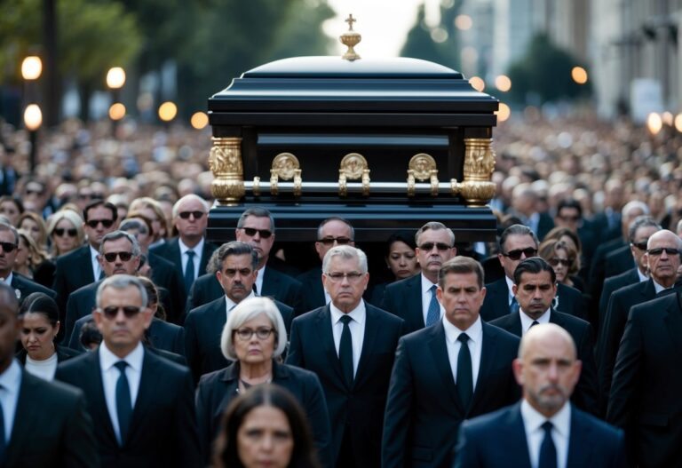 Uma procissão fúnebre sombria com enlutados e um caixão grande e ornamentado