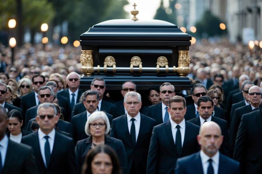 Uma procissão fúnebre sombria com enlutados e um caixão grande e ornamentado