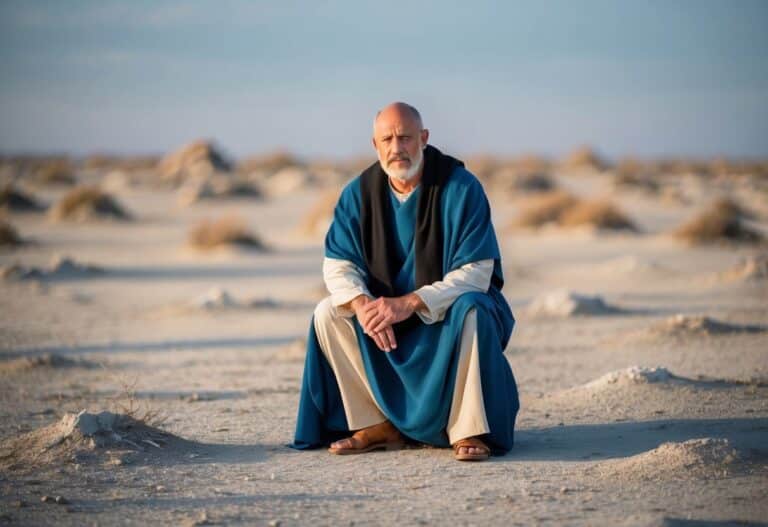 Mefibosete sentado sozinho em uma terra desolada e árida por muitos anos