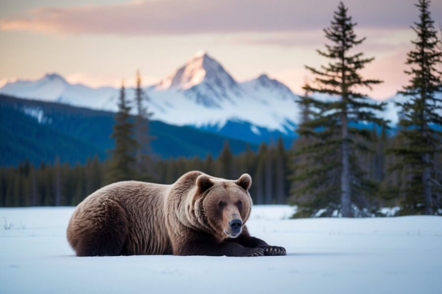 Um majestoso urso-pardo repousa pacificamente em uma paisagem nevada do Alasca, cercado por imponentes pinheiros e um sereno cenário montanhoso.