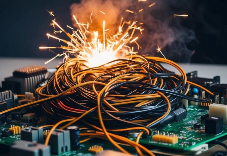 Uma bagunça emaranhada de fios e placas de circuito, emitindo faíscas e fumaça