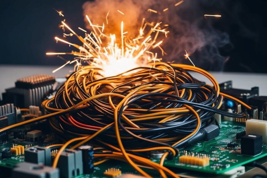 Uma bagunça emaranhada de fios e placas de circuito, emitindo faíscas e fumaça