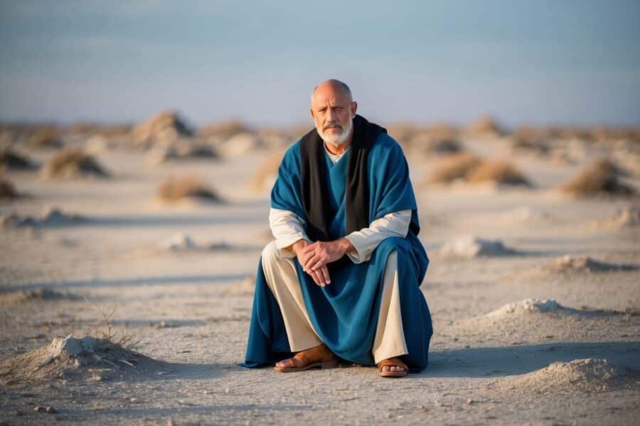 Mefibosete sentado sozinho em uma terra desolada e árida por muitos anos