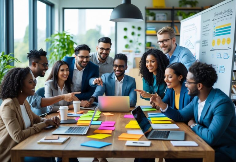 Grupo diverso de pessoas colaborando em uma reunião em um escritório moderno, com laptops e anotações sobre a mesa.